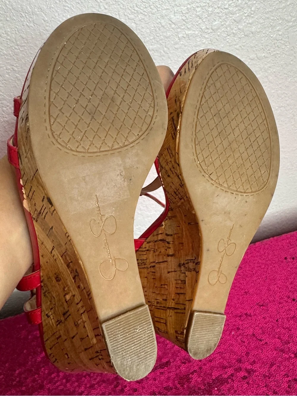 2/for $20 🪩 JESSICA SIMPSON Red Patent T-Strap Cork Wedge Sandals (Women’s 6)